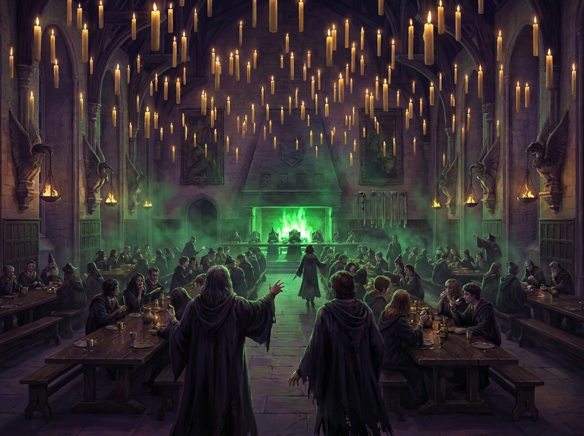 A crowded candlelit great hall full of robed players, all in sync