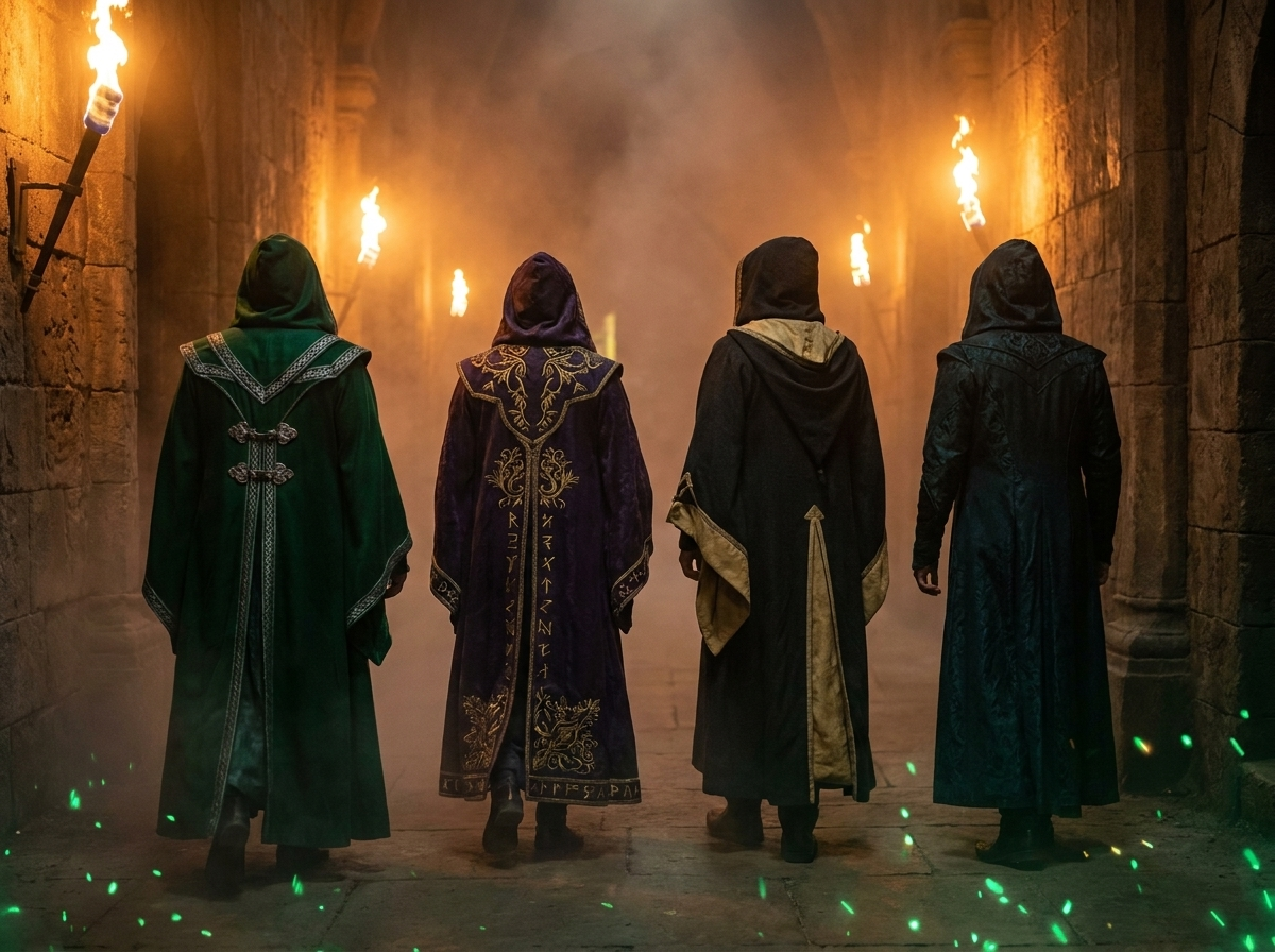 Four players in distinct server-defined robes in a torch-lit corridor