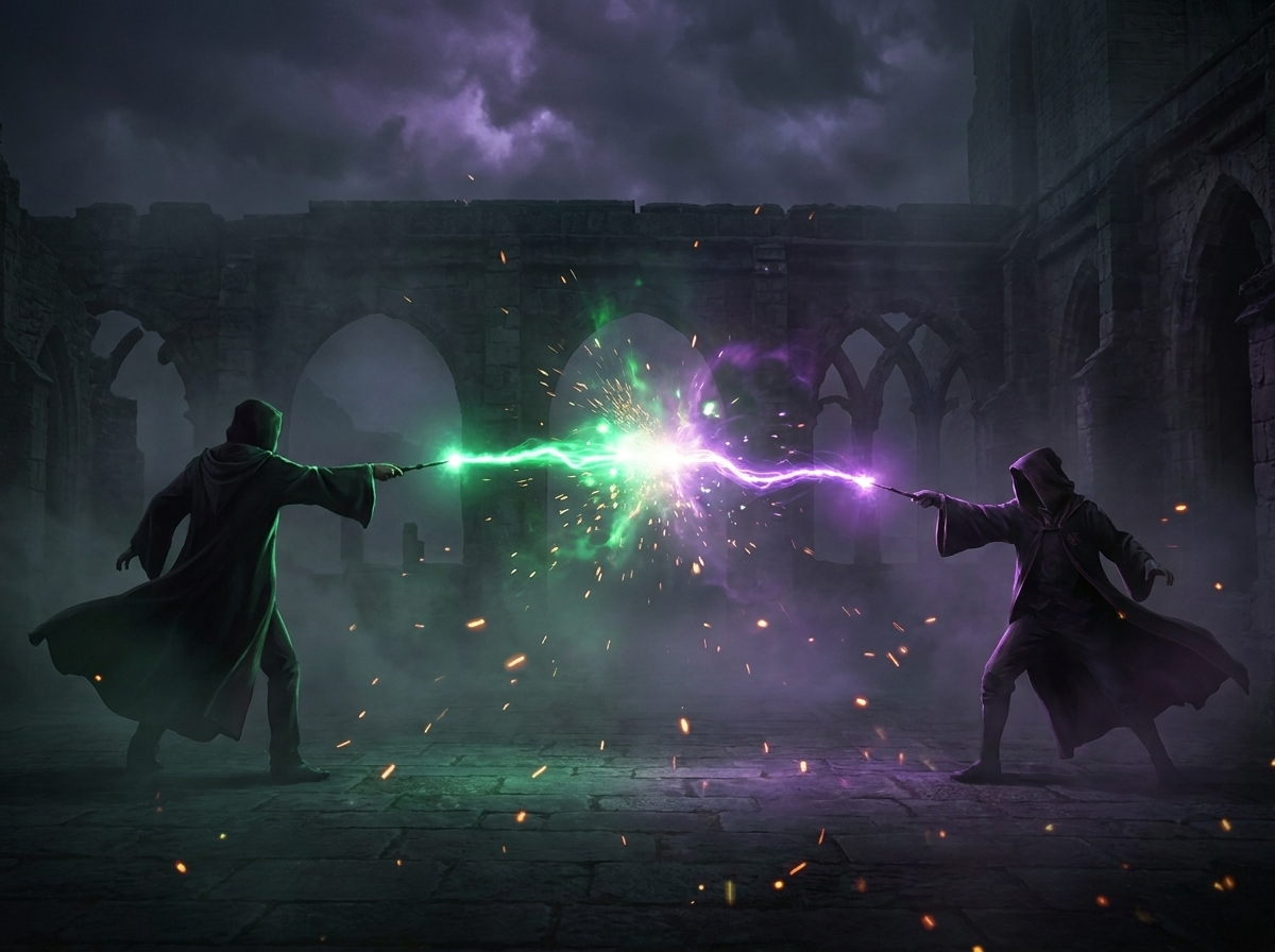 Two wizards dueling: an emerald spell beam clashing with a violet one