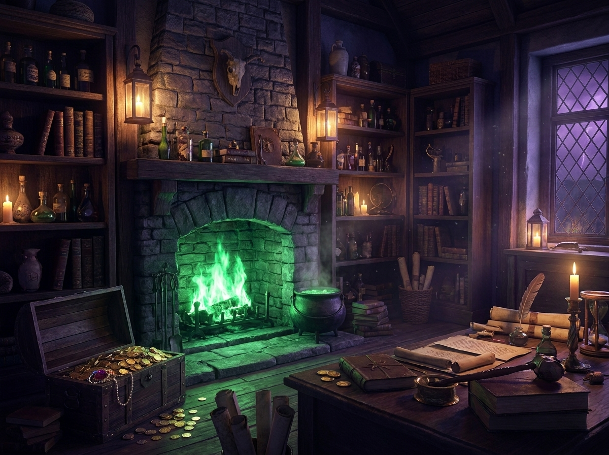 A cozy player-owned magical study with a green-flame hearth and chest of galleons
