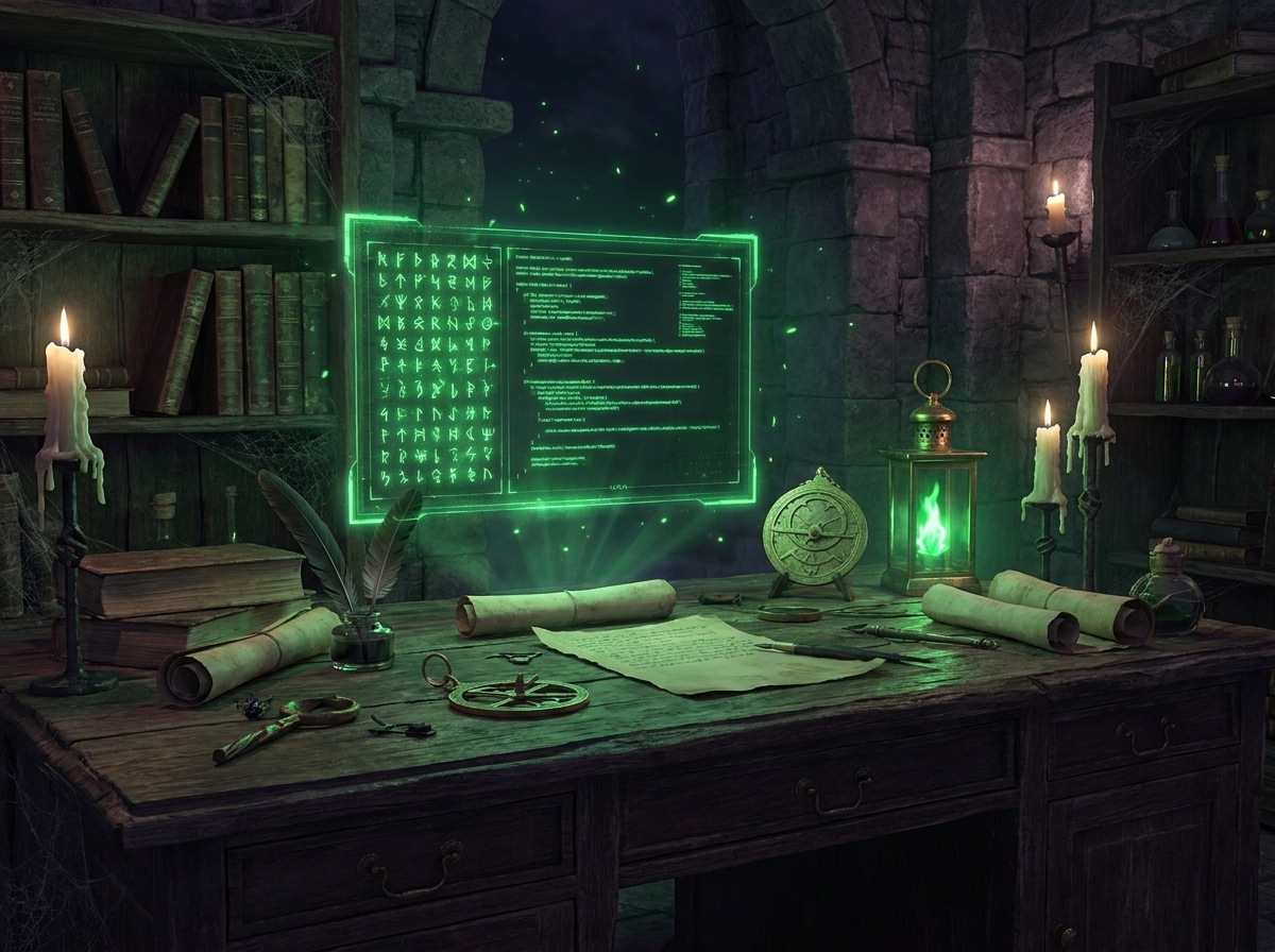 A glowing magical terminal of green runes floating above an ancient desk